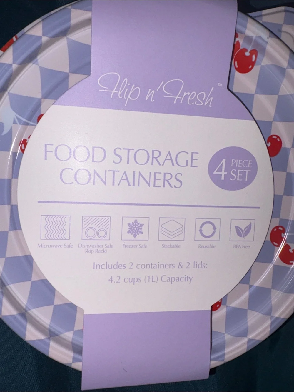 2 Sets - Flip & Fresh - Lavender Cherry Check Food Storage Containers - 4 total